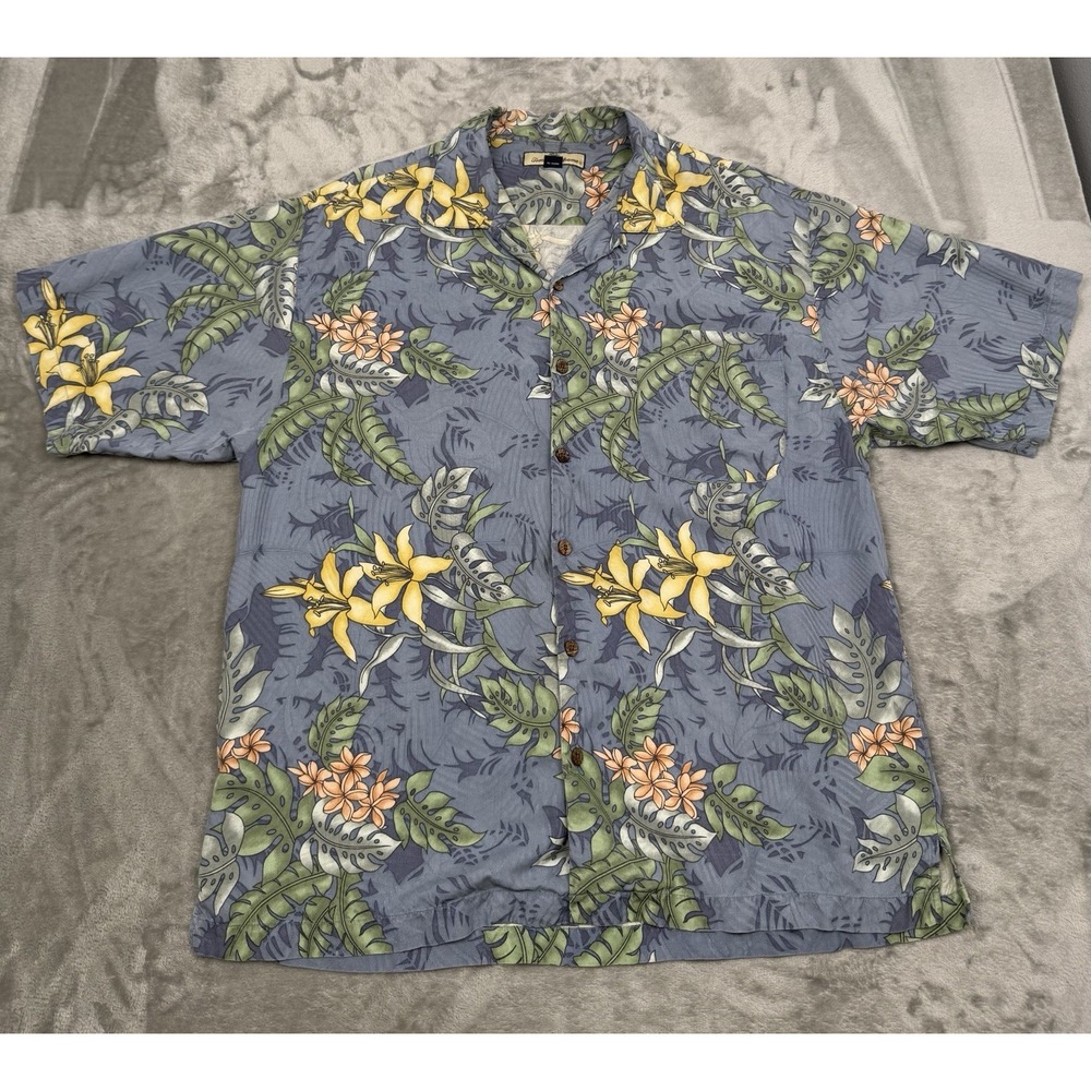 Tommy Bahama Silk Shirt Mens Large Blue Camp Tropical Floral Hawaiian Vintage